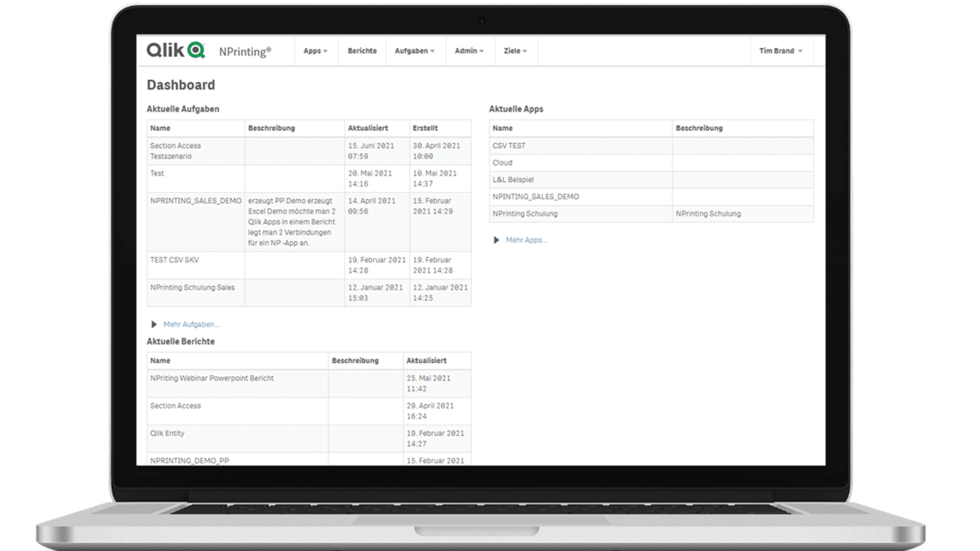 Aktuelle Aufgaben und Berichte auf dem Qlik NPrinting Dashboard