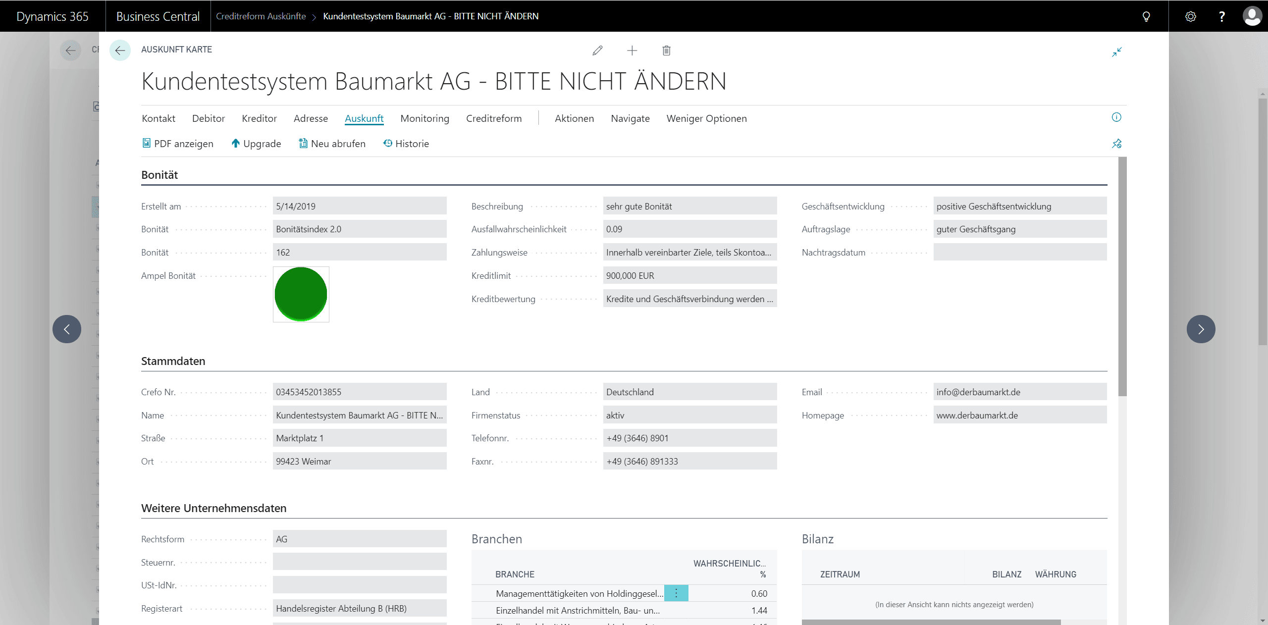 Detailauskünfte der Crefodaten in Microsoft Dynamics 365 Business Central