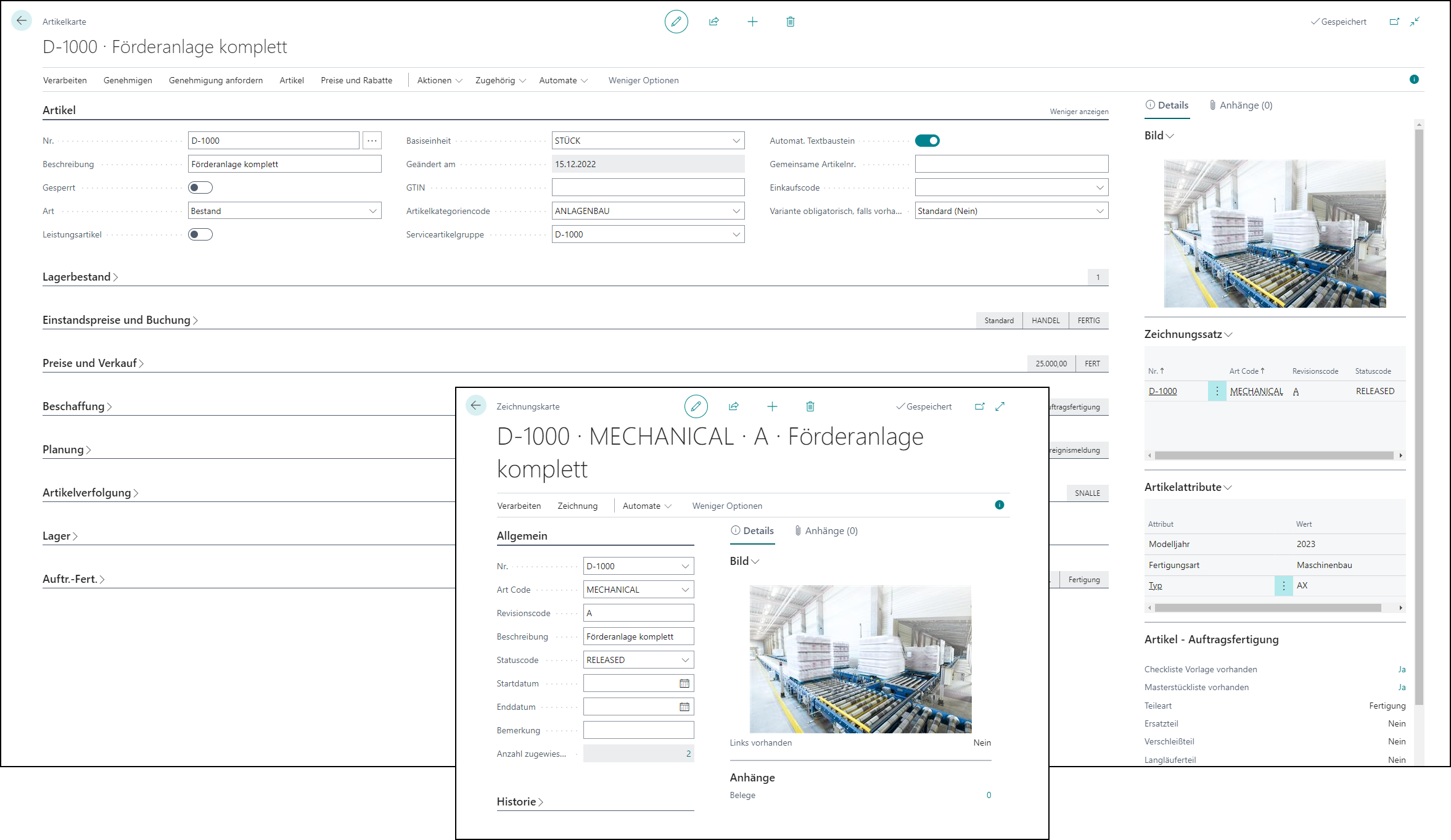 Artikelkarte Förderanalage Produktdatenmanagement