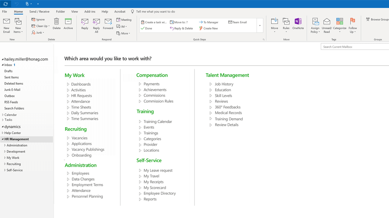 HR in Outlook - Which area would you like to work with? 