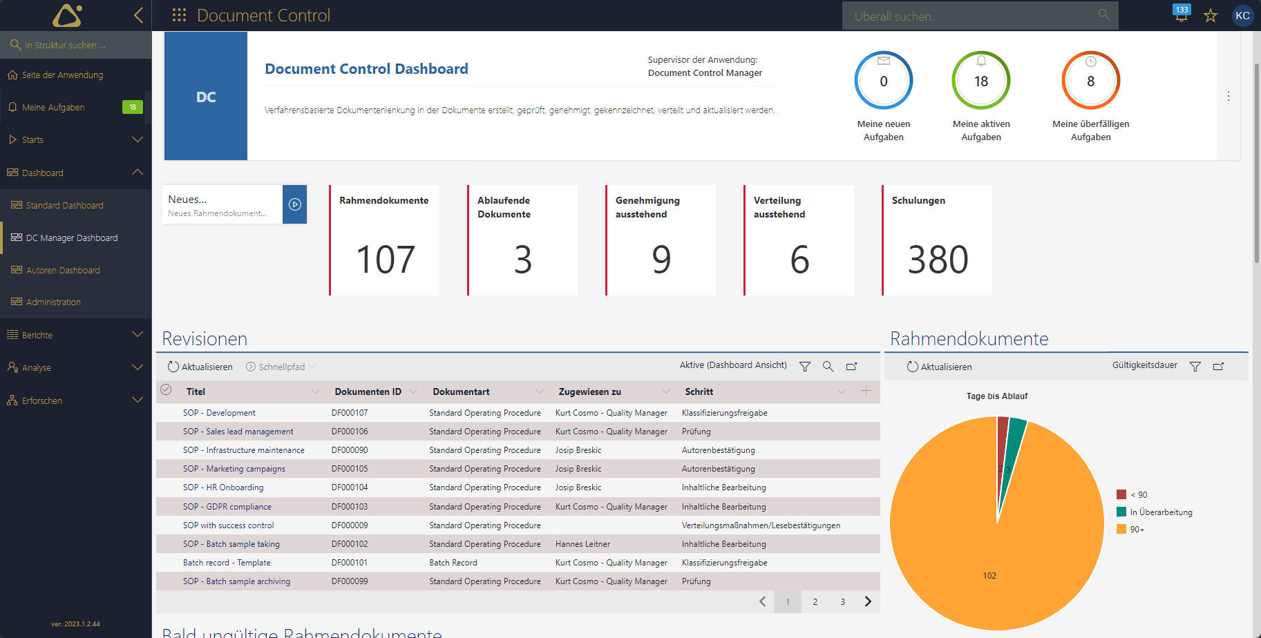 COSMO Document Control Dashboard Screenshot