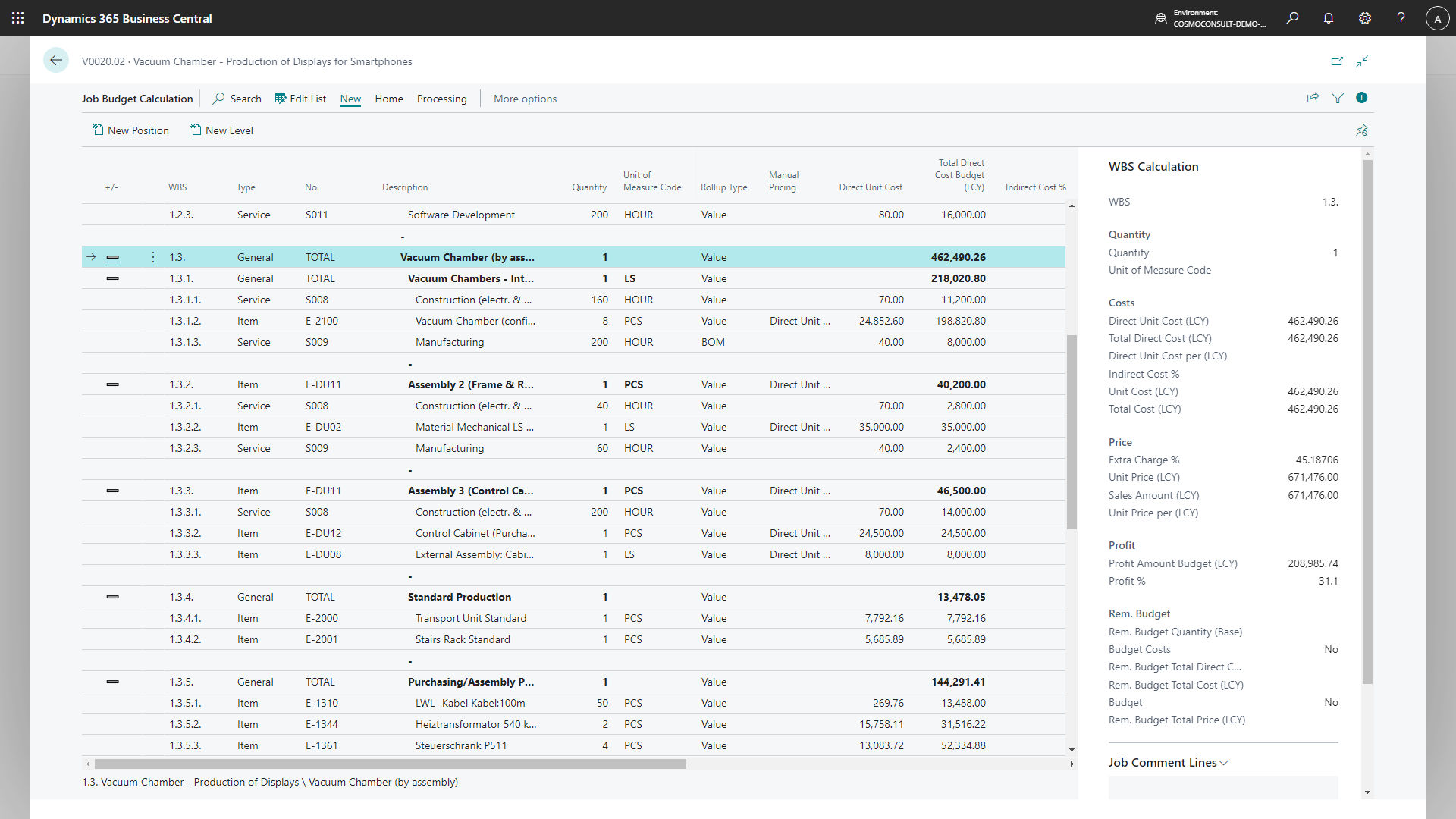 COSMO Project Manufacturing Screenshot Budget Calculation