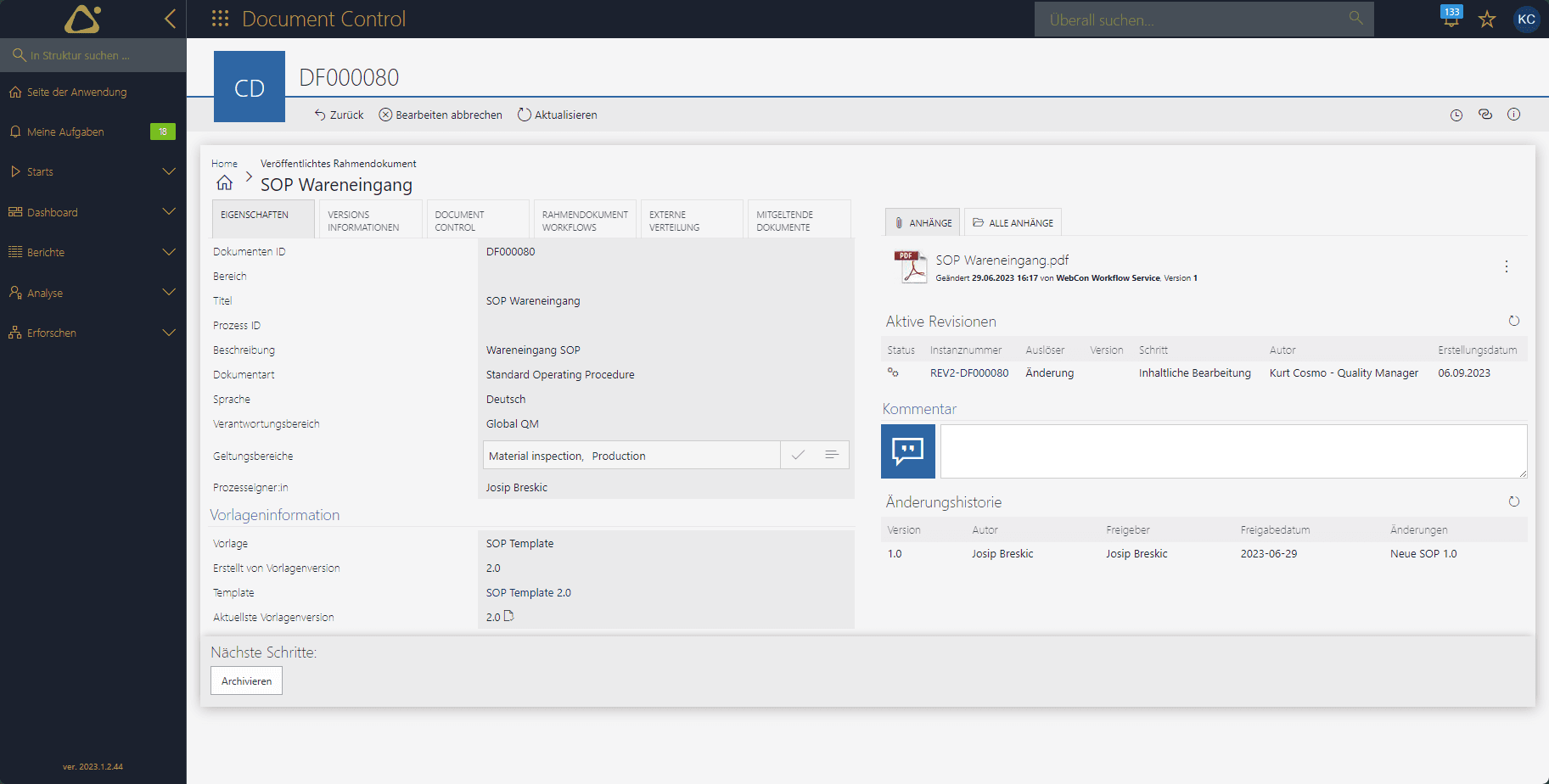 COSMO Document Control Detailsicht