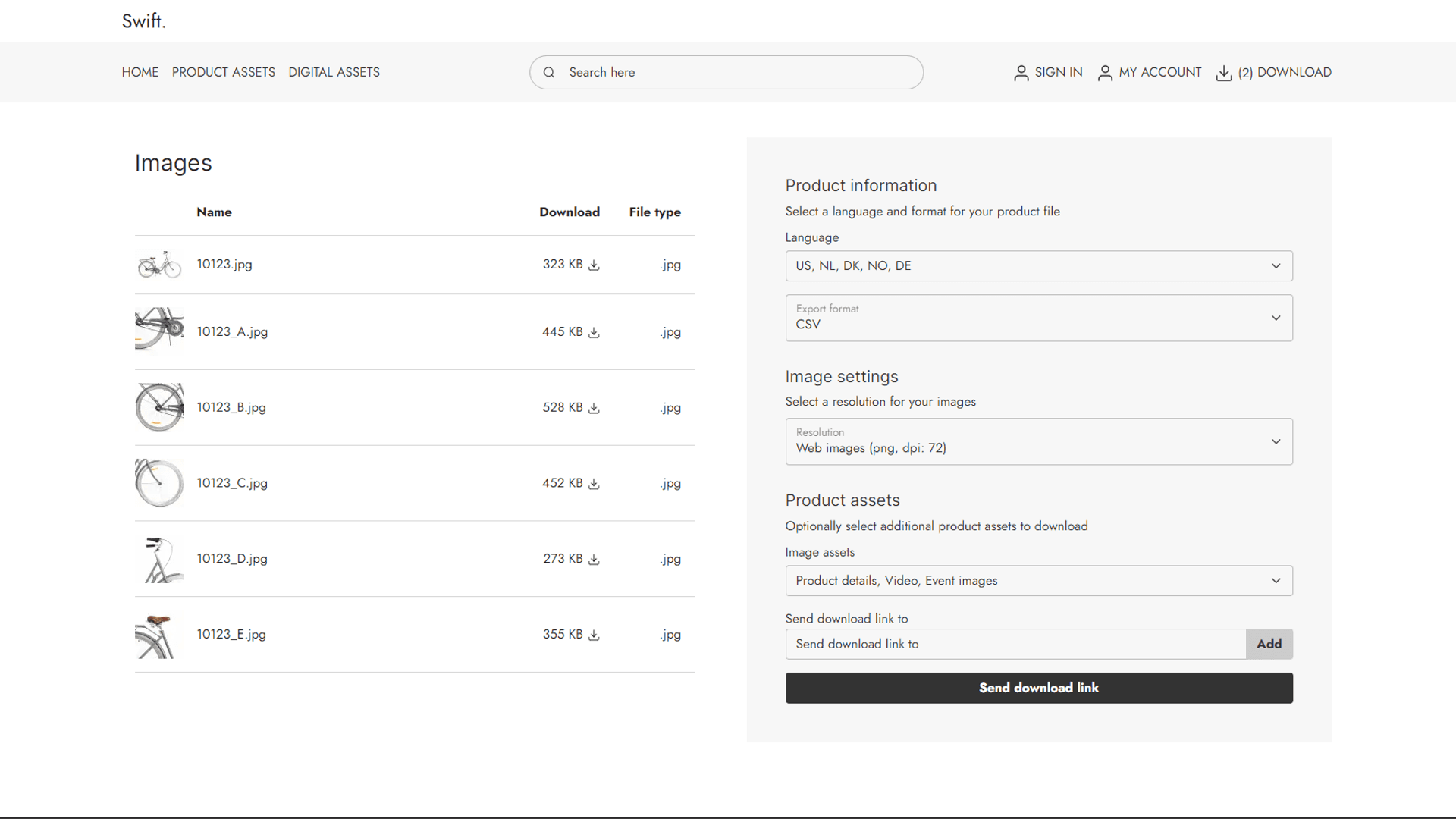 Overview of downloadable content for products with the option of setting filters and selecting (e.g. image sizes, languages and export functions)