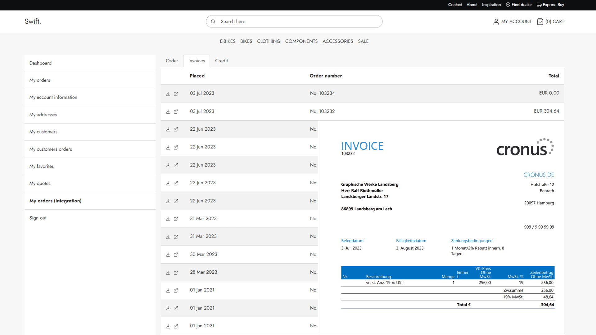 Order view with ERP integration - ERP documents such as invoices, orders and order confirmations can be opened in the front end of the web store or customer portal