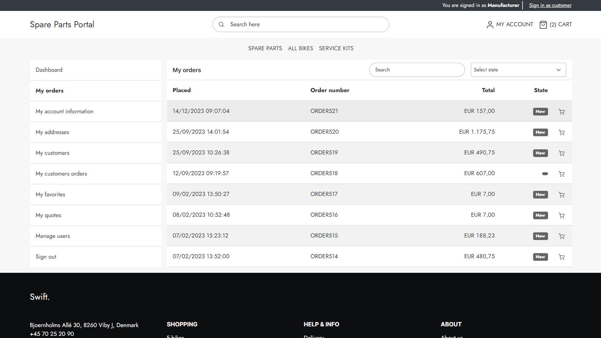 Online order view with possibility of fast reordering and status tracking 