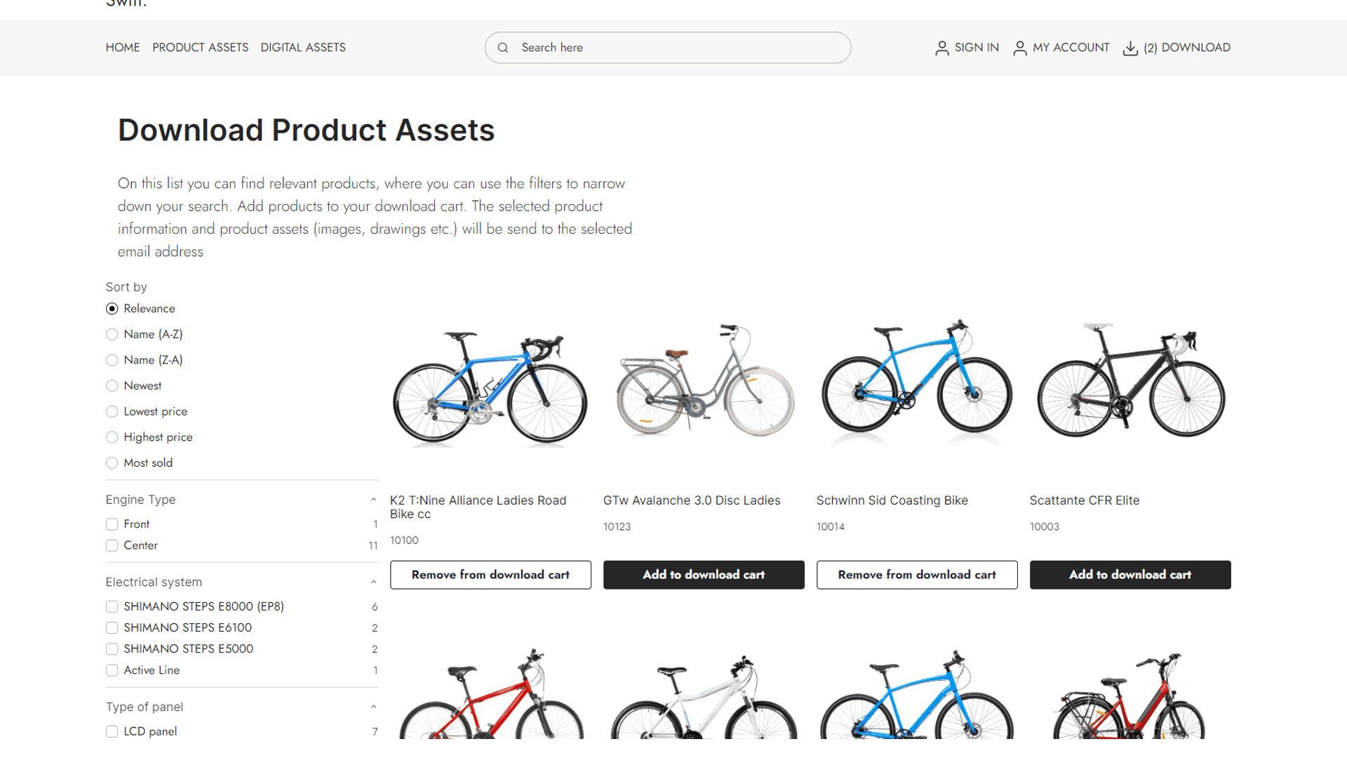 Overview of downloadable content for products with the option of setting filters to save them in a collection folder 