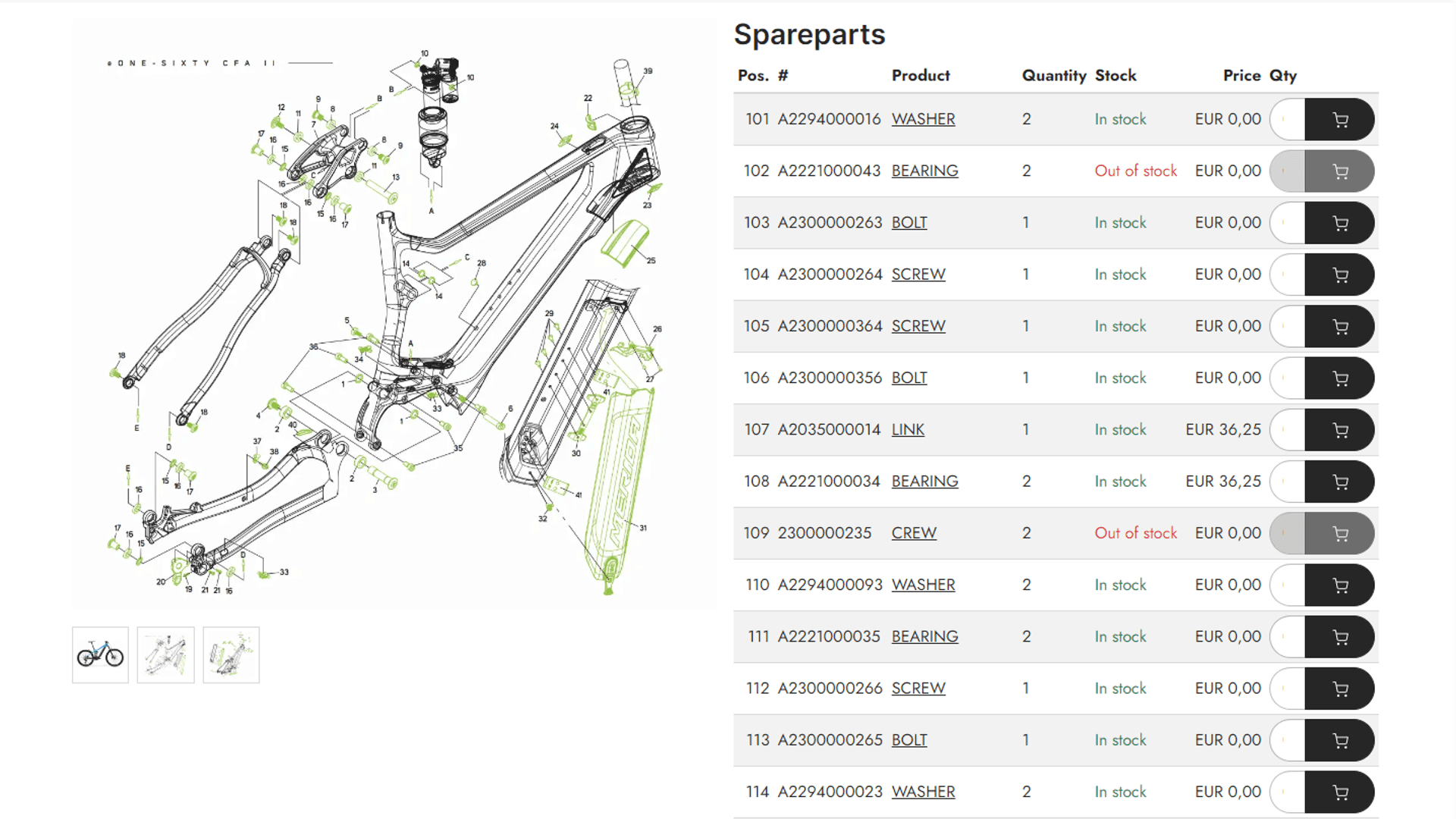 Parts list overview of a product with matching exploded view and purchase function