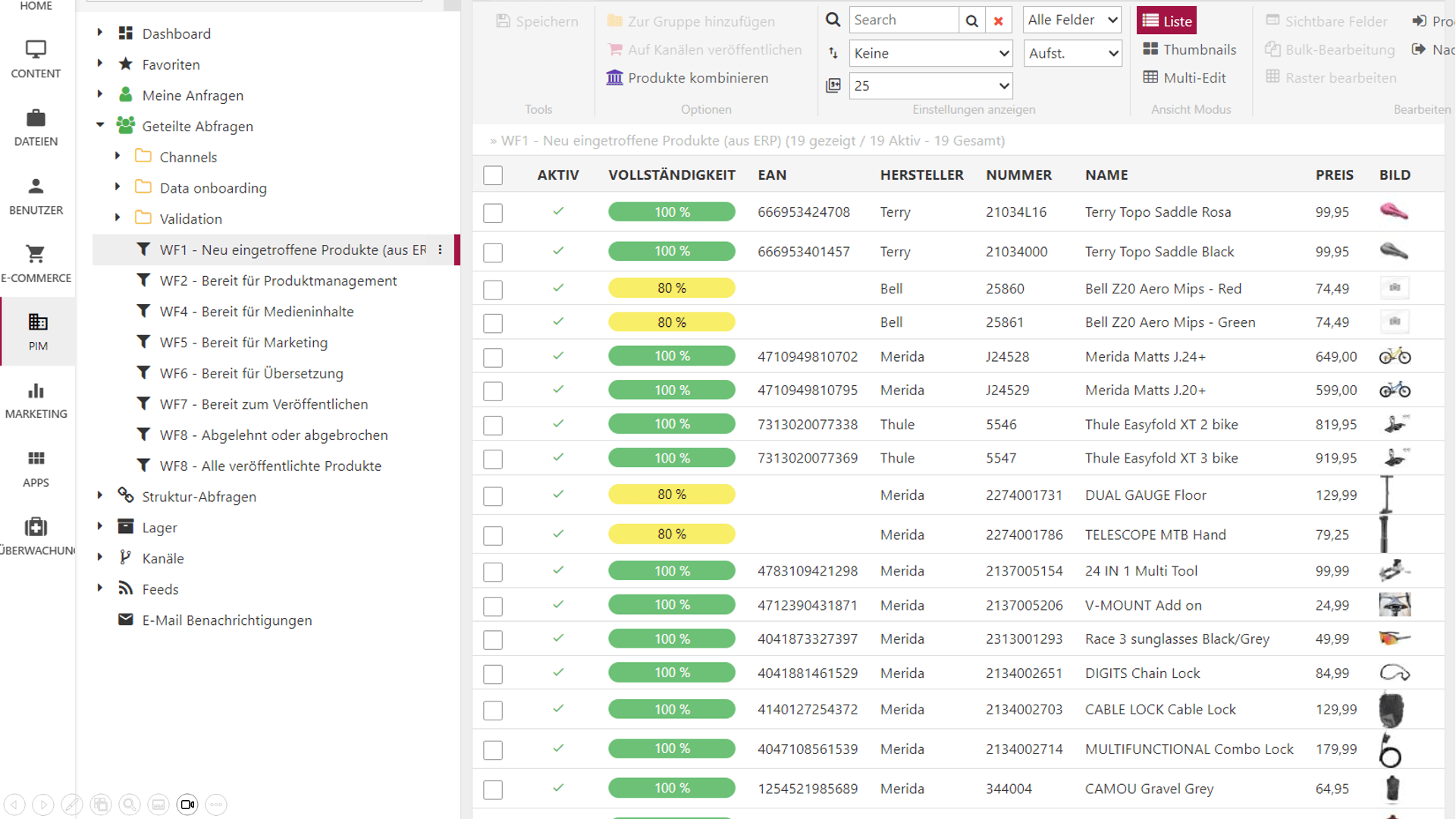 Overview of all PIM workflows with status tracking to enrich product data