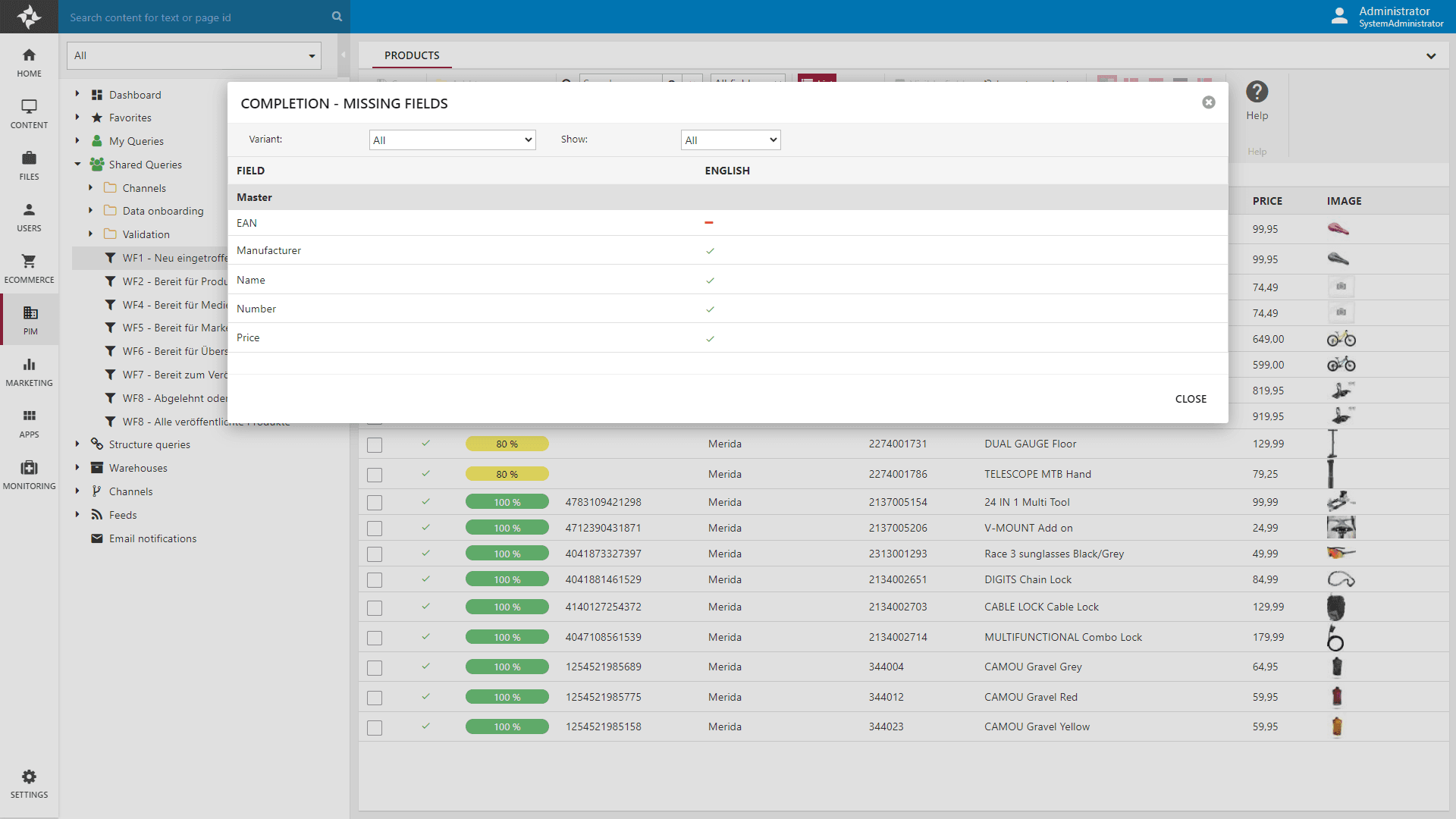 Overview of the completion of all missing fields in a PIM workflow