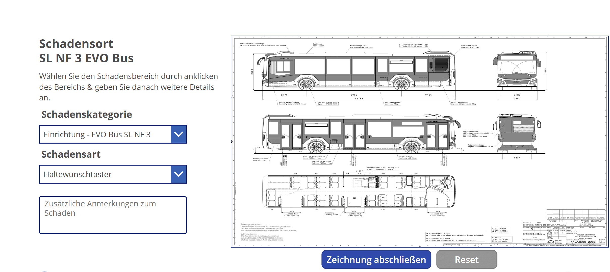 Erfassung von Details zum Schadensort und Möglichkeit zum Einzeichnen von Fahrzeugschäden