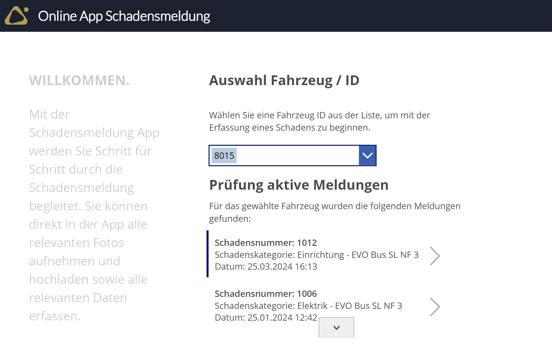 Strukturierte und standardisierte Schadensmeldung: Auswahl des betroffenen Fahrzeugs