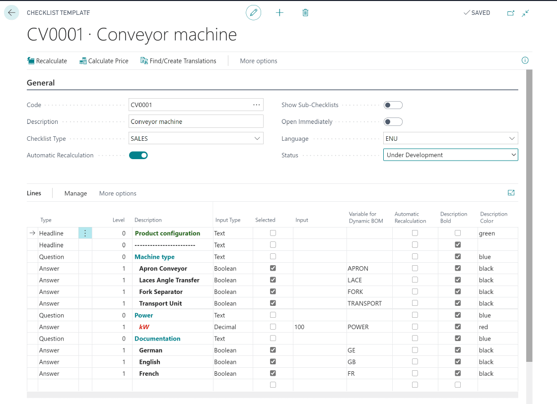 Checklist conveyor system in Microsoft Dynamics 365 Business Central